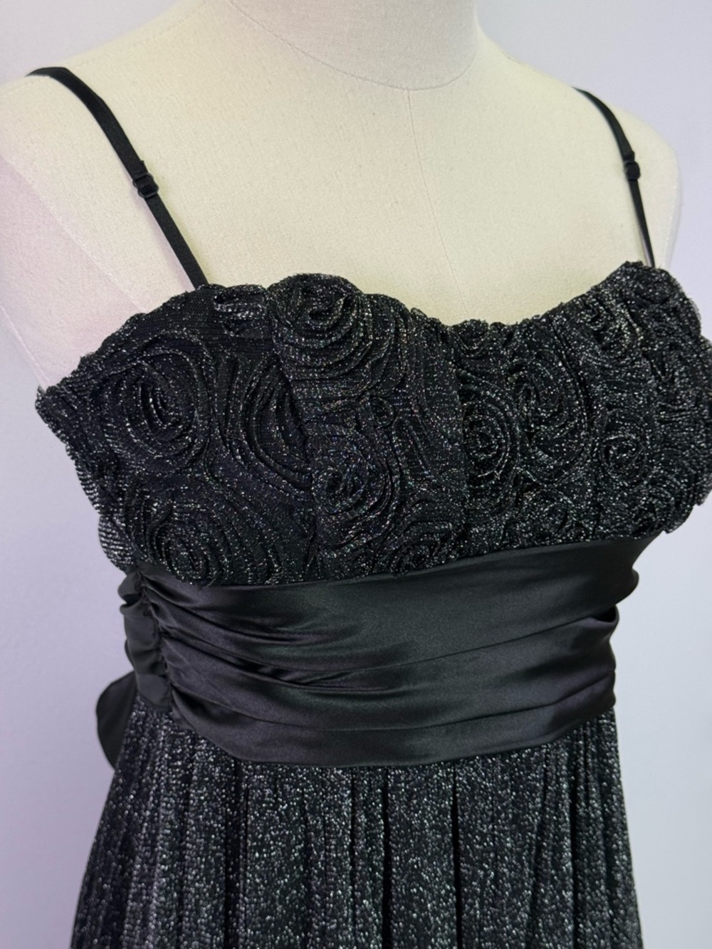 Agaci Y2K Black Glitter Rosette Bodice Party Dress Satin Waist Size S D88400S - Picture 3 of 7